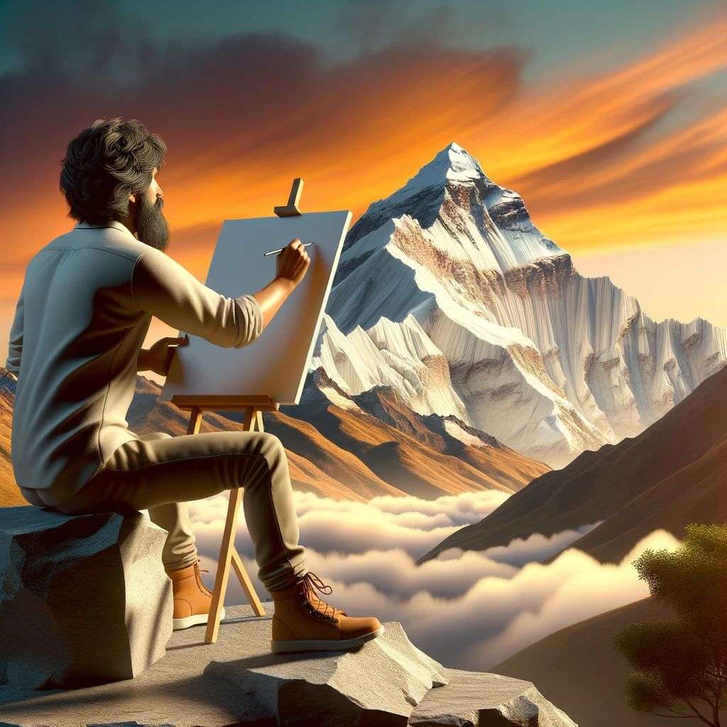 someone gazing at Mount Everest, digital art, 3D style